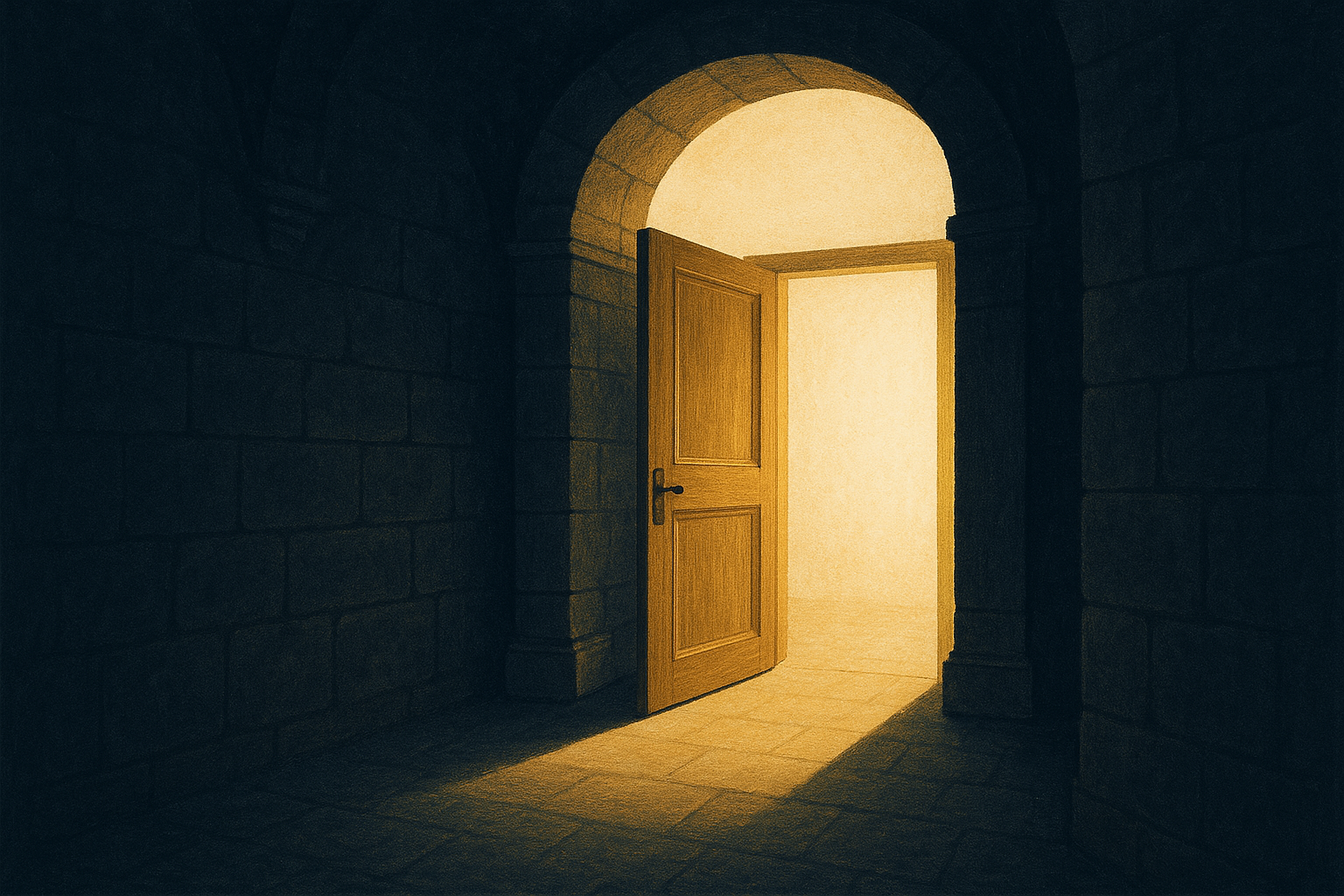 Puerta de madera abierta con luz cálida al fondo, símbolo de la bienvenida en el proceso de admisión