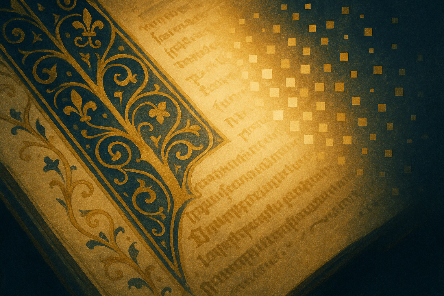 Detalle de un manuscrito medieval iluminado transformándose en luz digital, símbolo de la tradición y la innovación de UCA Guadalupe