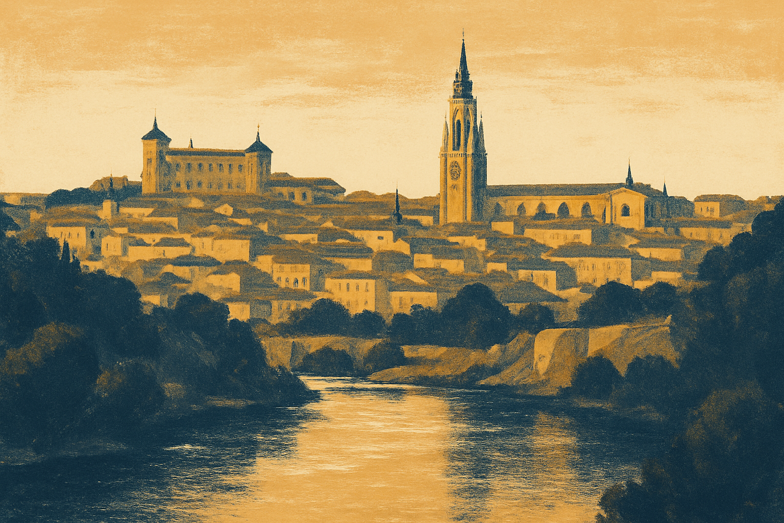 Vista de Toledo al atardecer con la catedral y el río Tajo, sede de UCA Guadalupe