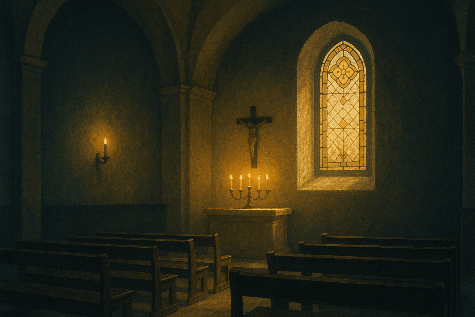 Interior de una capilla en silencio, iluminada por velas y una vidriera, símbolo de la vida de fe universitaria